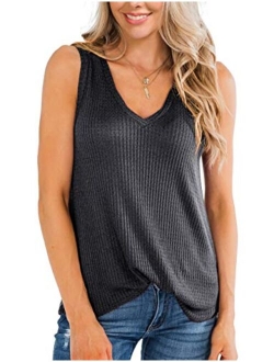 IWOLLENCE Womens Waffle Knit V Neck Tank Tops Summer Casual Sleeveless Shirts Loose Blouses