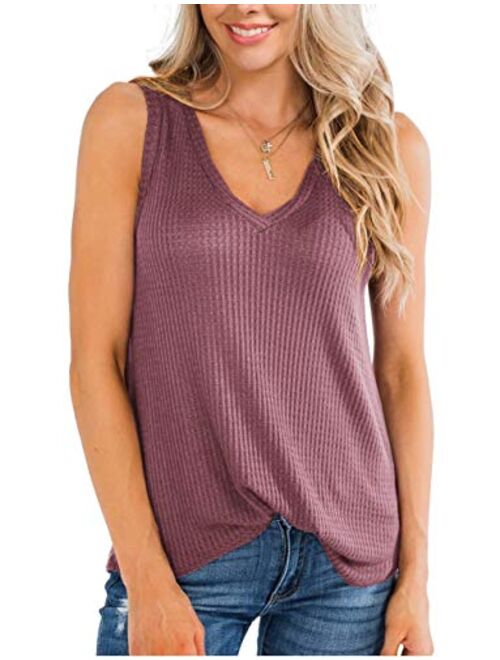 IWOLLENCE Womens Waffle Knit V Neck Tank Tops Summer Casual Sleeveless Shirts Loose Blouses