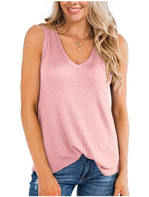 IWOLLENCE Womens Waffle Knit V Neck Tank Tops Summer Casual Sleeveless Shirts Loose Blouses