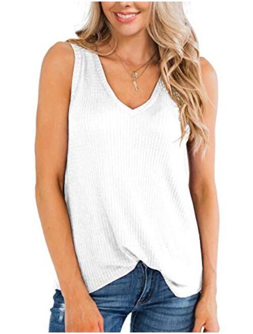 IWOLLENCE Womens Waffle Knit V Neck Tank Tops Summer Casual Sleeveless Shirts Loose Blouses