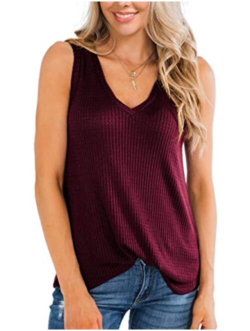 IWOLLENCE Womens Waffle Knit V Neck Tank Tops Summer Casual Sleeveless Shirts Loose Blouses