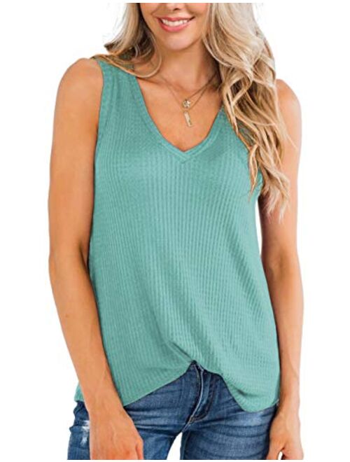 IWOLLENCE Womens Waffle Knit V Neck Tank Tops Summer Casual Sleeveless Shirts Loose Blouses