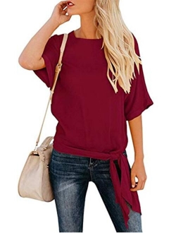 OURS Women's Casual Knot Tie Front Half Sleeve Summer T Shirt Blouses Tops