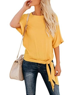 OURS Women's Casual Knot Tie Front Half Sleeve Summer T Shirt Blouses Tops