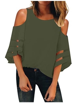 LookbookStore Women's Cold Shoulder Loose Shirt Tops 3/4 Bell Mesh Sleeve Blouse