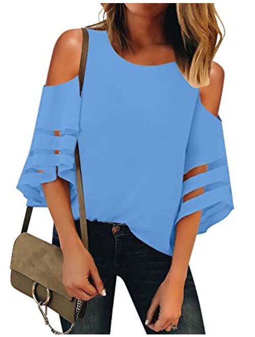 LookbookStore Women's Cold Shoulder Loose Shirt Tops 3/4 Bell Mesh Sleeve Blouse