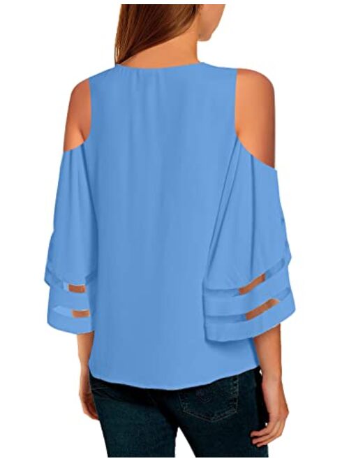 LookbookStore Women's Cold Shoulder Loose Shirt Tops 3/4 Bell Mesh Sleeve Blouse