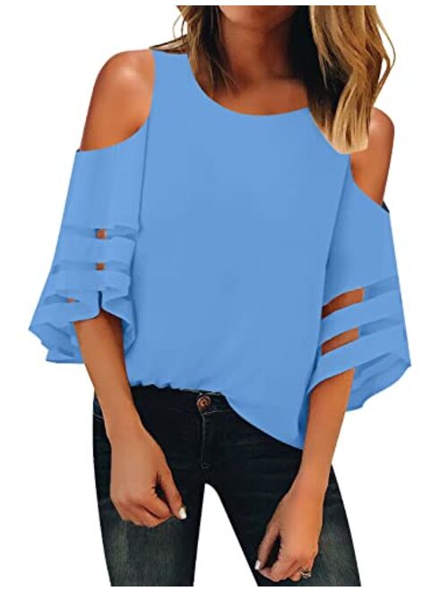 LookbookStore Women's Cold Shoulder Loose Shirt Tops 3/4 Bell Mesh Sleeve Blouse