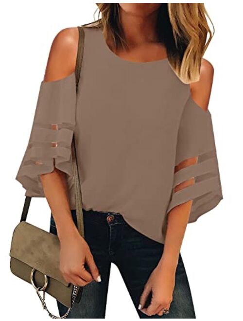 LookbookStore Women's Cold Shoulder Loose Shirt Tops 3/4 Bell Mesh Sleeve Blouse