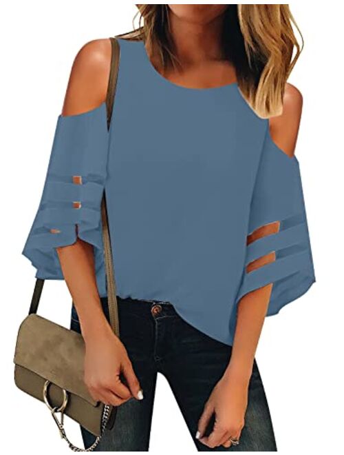 LookbookStore Women's Cold Shoulder Loose Shirt Tops 3/4 Bell Mesh Sleeve Blouse