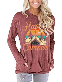 Happy Camper Shirt for Women Funny Cute Graphic Tee Short Sleeve Letter Print Casual Tee Shirts