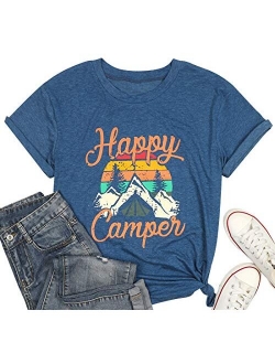 Happy Camper Shirt for Women Funny Cute Graphic Tee Short Sleeve Letter Print Casual Tee Shirts