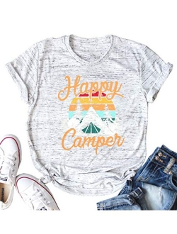 Happy Camper Shirt for Women Funny Cute Graphic Tee Short Sleeve Letter Print Casual Tee Shirts