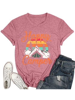 Happy Camper Shirt for Women Funny Cute Graphic Tee Short Sleeve Letter Print Casual Tee Shirts