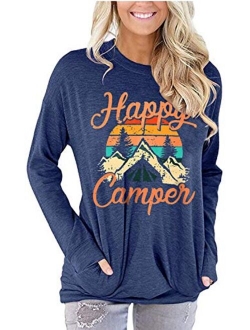 Happy Camper Shirt for Women Funny Cute Graphic Tee Short Sleeve Letter Print Casual Tee Shirts