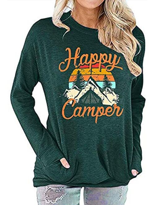 Happy Camper Shirt for Women Funny Cute Graphic Tee Short Sleeve Letter Print Casual Tee Shirts