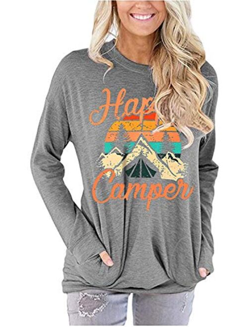 Happy Camper Shirt for Women Funny Cute Graphic Tee Short Sleeve Letter Print Casual Tee Shirts