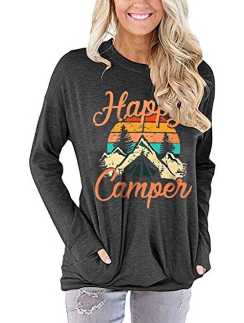 Happy Camper Shirt for Women Funny Cute Graphic Tee Short Sleeve Letter Print Casual Tee Shirts