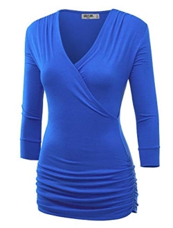 Lock and Love Women's 3/4 Sleeve Cross Front Wrapped V Neck Top S-3XL Plus Size -Made in U.S.A.