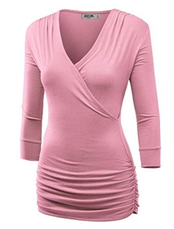 Lock and Love Women's 3/4 Sleeve Cross Front Wrapped V Neck Top S-3XL Plus Size -Made in U.S.A.