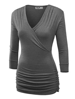 Lock and Love Women's 3/4 Sleeve Cross Front Wrapped V Neck Top S-3XL Plus Size -Made in U.S.A.