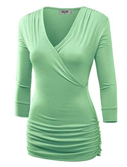 Lock and Love Women's 3/4 Sleeve Cross Front Wrapped V Neck Top S-3XL Plus Size -Made in U.S.A.