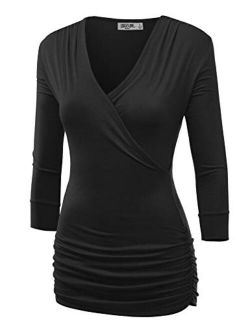 Lock and Love Women's 3/4 Sleeve Cross Front Wrapped V Neck Top S-3XL Plus Size -Made in U.S.A.