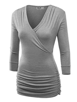 Lock and Love Women's 3/4 Sleeve Cross Front Wrapped V Neck Top S-3XL Plus Size -Made in U.S.A.