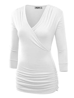 Lock and Love Women's 3/4 Sleeve Cross Front Wrapped V Neck Top S-3XL Plus Size -Made in U.S.A.