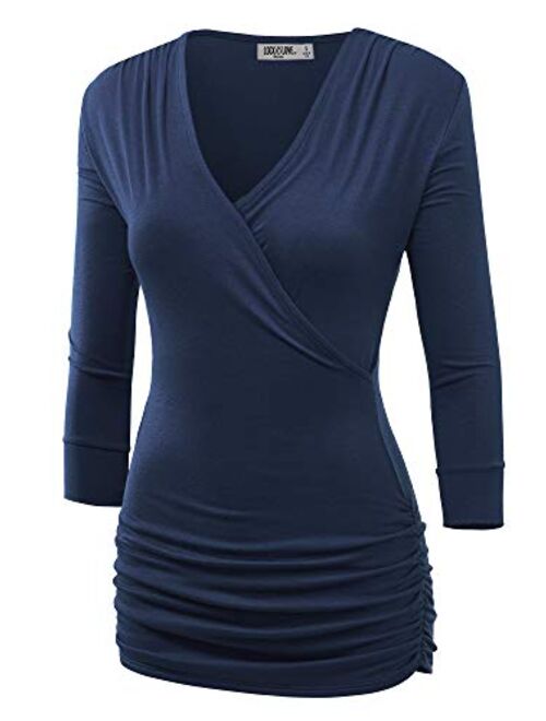 Lock and Love Women's 3/4 Sleeve Cross Front Wrapped V Neck Top S-3XL Plus Size -Made in U.S.A.