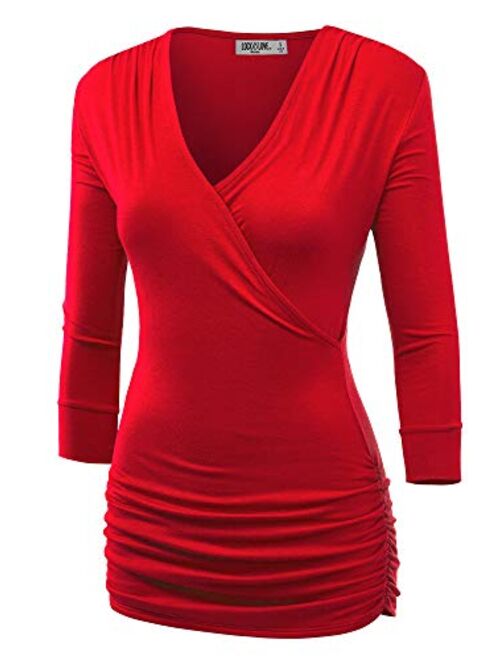 Lock and Love Women's 3/4 Sleeve Cross Front Wrapped V Neck Top S-3XL Plus Size -Made in U.S.A.