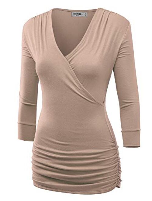 Lock and Love Women's 3/4 Sleeve Cross Front Wrapped V Neck Top S-3XL Plus Size -Made in U.S.A.