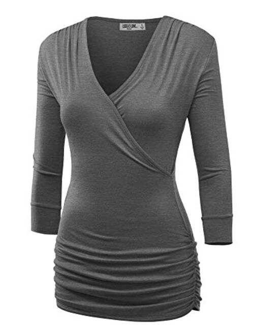 Lock and Love Women's 3/4 Sleeve Cross Front Wrapped V Neck Top S-3XL Plus Size -Made in U.S.A.