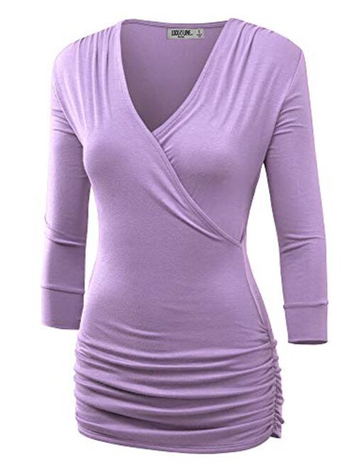 Lock and Love Women's 3/4 Sleeve Cross Front Wrapped V Neck Top S-3XL Plus Size -Made in U.S.A.