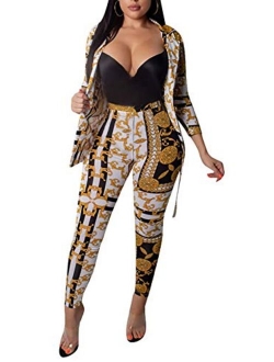 VLUNT Womens 2 Piece Outfits Floral Print Open Front Cardigan and Pants Clubwear Set