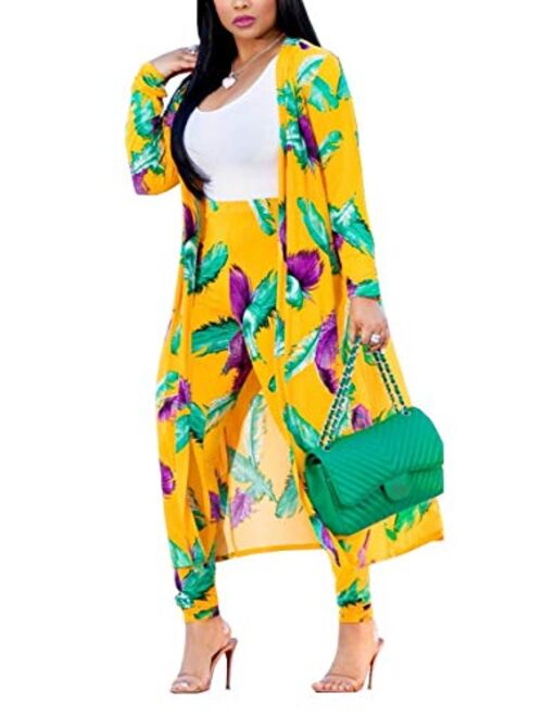 VLUNT Womens 2 Piece Outfits Floral Print Open Front Cardigan and Pants Clubwear Set