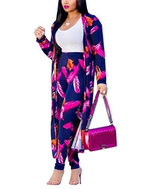 VLUNT Womens 2 Piece Outfits Floral Print Open Front Cardigan and Pants Clubwear Set