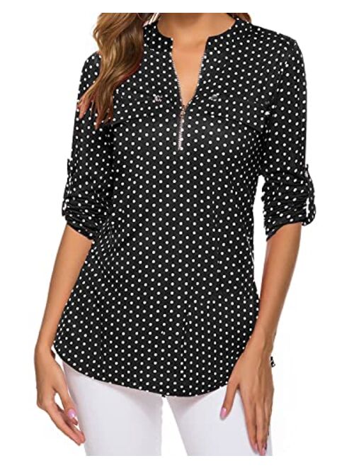 LuckyMore Womens V Neck Zip Cuffed Sleeve Flowy Business Casual Work Tunic Tops Shirts Blouse