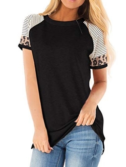 MOPOOGOSS Women's Crew Neck Long Sleeve Stripe Print Color Block Casual Loose T-Shirt Tops Tee