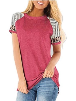 MOPOOGOSS Women's Crew Neck Long Sleeve Stripe Print Color Block Casual Loose T-Shirt Tops Tee