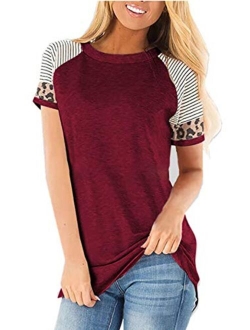 MOPOOGOSS Women's Crew Neck Long Sleeve Stripe Print Color Block Casual Loose T-Shirt Tops Tee