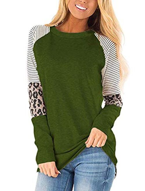 MOPOOGOSS Women's Crew Neck Long Sleeve Stripe Print Color Block Casual Loose T-Shirt Tops Tee