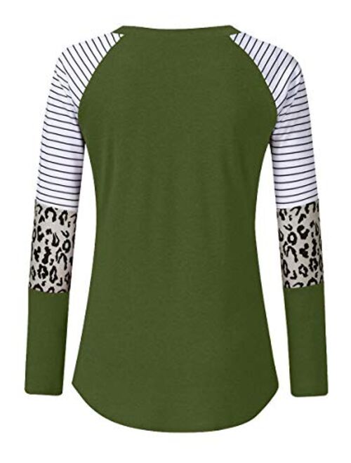 MOPOOGOSS Women's Crew Neck Long Sleeve Stripe Print Color Block Casual Loose T-Shirt Tops Tee