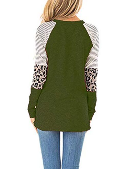 MOPOOGOSS Women's Crew Neck Long Sleeve Stripe Print Color Block Casual Loose T-Shirt Tops Tee