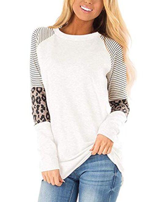 MOPOOGOSS Women's Crew Neck Long Sleeve Stripe Print Color Block Casual Loose T-Shirt Tops Tee