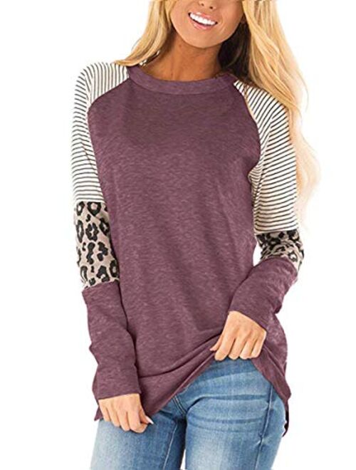 MOPOOGOSS Women's Crew Neck Long Sleeve Stripe Print Color Block Casual Loose T-Shirt Tops Tee