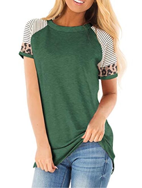 MOPOOGOSS Women's Crew Neck Long Sleeve Stripe Print Color Block Casual Loose T-Shirt Tops Tee