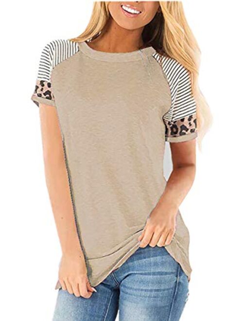 MOPOOGOSS Women's Crew Neck Long Sleeve Stripe Print Color Block Casual Loose T-Shirt Tops Tee