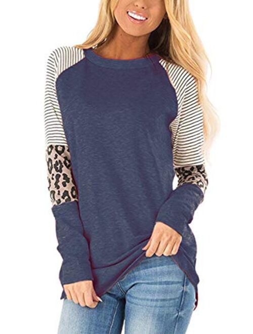 MOPOOGOSS Women's Crew Neck Long Sleeve Stripe Print Color Block Casual Loose T-Shirt Tops Tee