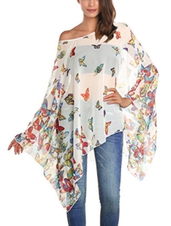 DJT Women's Floral Printed Chiffon Caftan Poncho Tunic Top